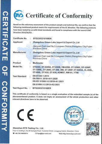 Multimeter CE certificate from Zhangzhou Green-Lake Import & Export Co., Ltd.