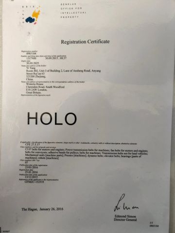 Brand Certificate certificate from Wenzhou HOLO Industrial EQP Manufacturing Co., Ltd.