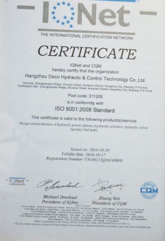 ISO9001 certificate from Deco Hydraulic & Control Technology Co., Ltd