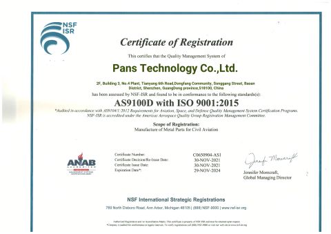 AS9100 certificate from Shenzhen Pans Technology Co., Ltd.