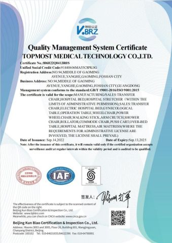 ISO 9001 certificate from TOPMOST MEDICAL TECHNOLOGY CO.,LTD.