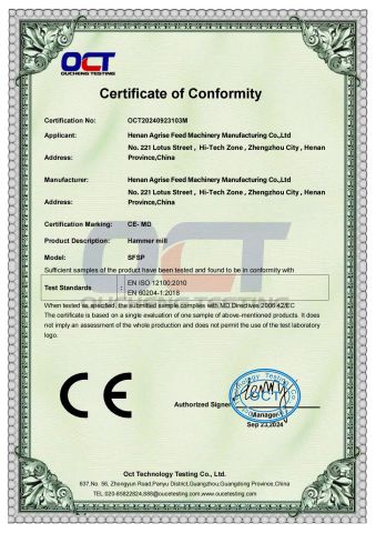 Certificate of Conformity certificate from Henan Agrise Feed Machinery Manufacturing Co.,Ltd