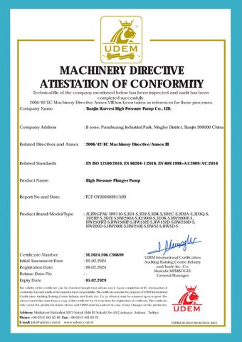 CE,ISO 9001 certificate from Tianjin Harvest High Pressure Pump Co., Ltd