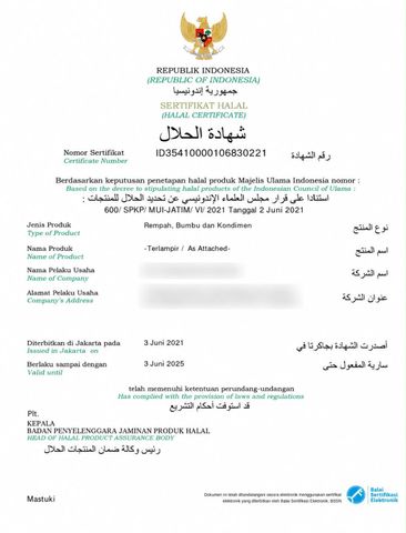 HALAL certificate from WOLU ARTHA GLOBAL