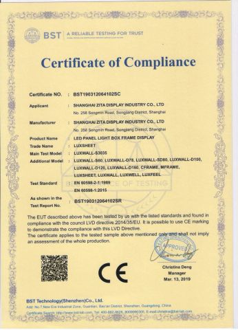 CE 2015 certificate of Shanghai Zita Display Industry Co., Ltd. – certificate photo, supplier certificates section