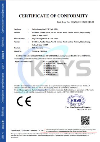 CE certificate of Shijiazhuang OurPCB Tech. Ltd. – certificate photo, supplier certificates section