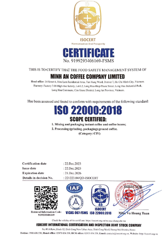 ISO 22000:2018 certificate from PULLS COFFEE COMPANY LIMITED