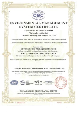 Environmental System certificate from Zhuzhou Harmony New Material Co., Ltd.