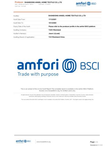 BSCI certificate from Shandong Angel Home Textile Co., Ltd.