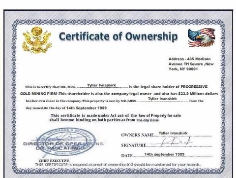 certificate of ownership  certificate from progressive gold mining 