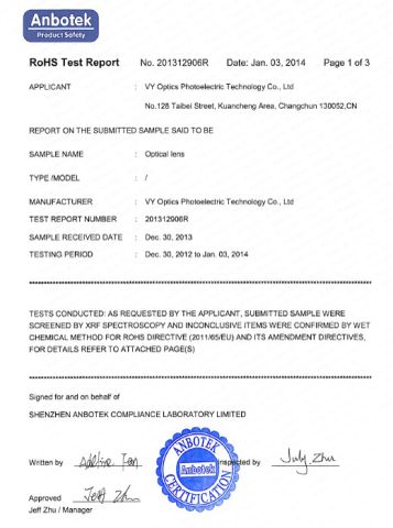 RoHS Report of B270 glass and K9 glass certificate from VY Optoelectronics Co., Ltd.