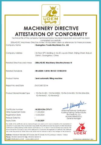 CE Certificate certificate of Guangzhou Youde Machinery Co., Ltd – certificate photo, supplier certificates section