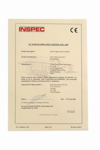 Goggle and Faceshield CE certificate from Yulong Safety Tools Manufacture Corp., Ltd.