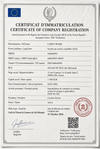 EEC certificate of Eurl Carys Trade – certificate photo, supplier certificates section