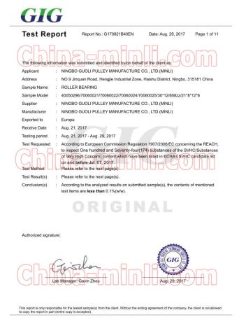 REACH certificate certificate from NINGBO GUOLI PULLEY MANUFACTURE CO., LTD.