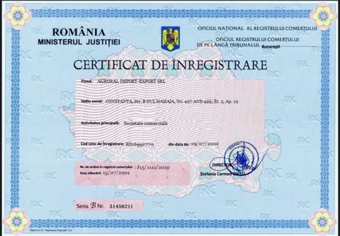 Business license  certificate from Agroral import export srl 