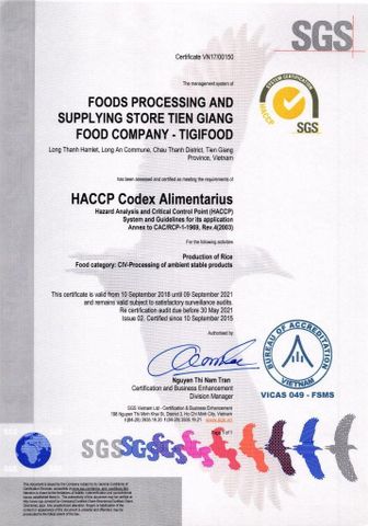 HACCP certificate from Mekong Delta Rice Exim