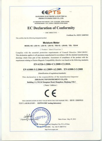 EC declaration of conformity of moistrue meter certificate of Zhejiang Top Cloud-Agri Technology Co., Ltd. – certificate photo, supplier certificates section