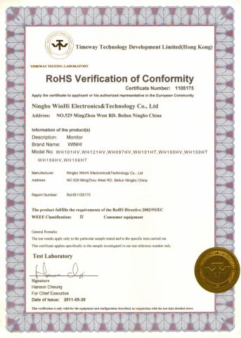 Winhi Monitor ROHS certificate from Ningbo Beilun Bonsen Auto Electron Co., Ltd.