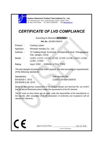 Cooling Locker LVD Certificate certificate from Winnsen Industry Co., Ltd.