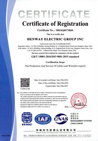 ISO9001 certificate of Henway Electric Group Inc – certificate photo, supplier certificates section