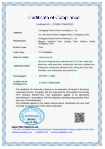 CE certificate of Chongqing Priority Home Furnishings Co., Ltd. – certificate photo, supplier certificates section