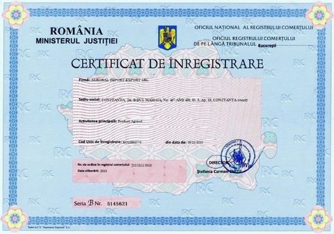 business license certificate from Agroral import export srl 