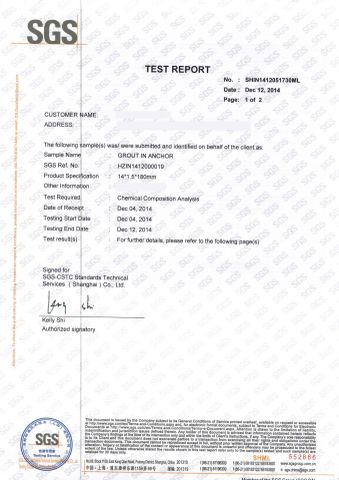 GROUT ANCHOR SS316 SGS TEST REPORT certificate of Xinghua Jinf Stainless Steel Co., Ltd. – certificate photo, supplier certificates section