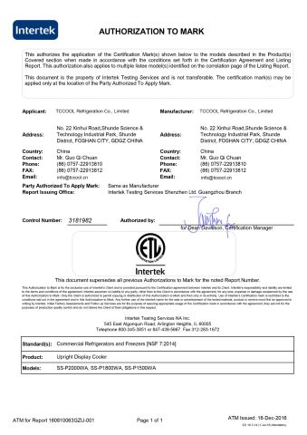 ETL Certificate certificate from TCCOOL Refrigeration Co., Limited