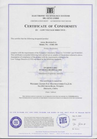 LVD (350MM) certificate of Wenzhou Jason Fan Manufacturer Co., Ltd. – certificate photo, supplier certificates section