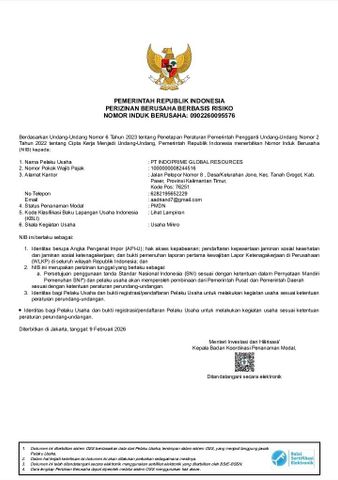 (NIB) certificate from PT Indoprime Global Resources