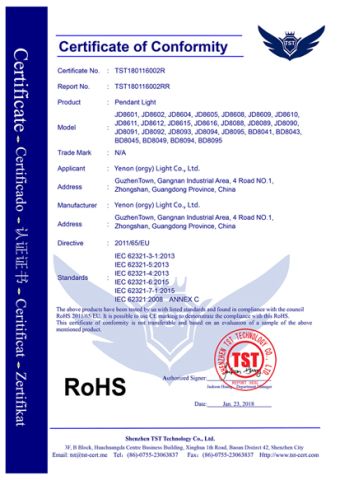 CE certificate for pendant light certificate from Zhongshan Yenon Light Company Limited