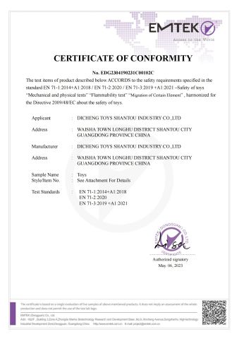 CE certificate from Shantou Yanaa Toys Co., Ltd