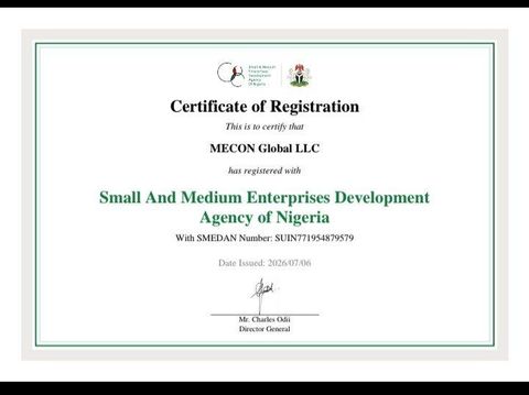 SMEDAN Business Certification certificate from MECON Global LLC