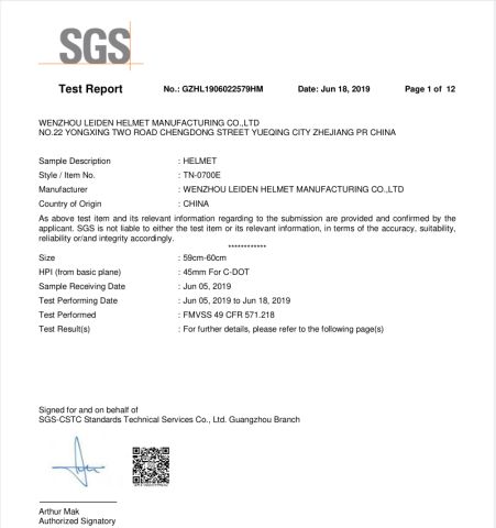 0700E certificate from Wenzhou Leiden Helmet Manufacturing Co., Ltd.
