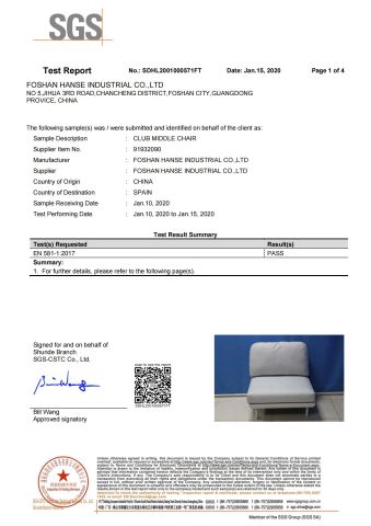 SGS certificate from Foshan Hanse Industrial Co., Ltd.
