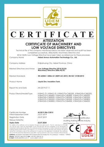 CE of Liquid Zinc Insulation Tank certificate from Hebei Annuo Automation Technology Co., Ltd.