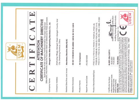 Air compressor CE certification certificate of Mengyin Feida Mine Engineering Machinery Co., Ltd – certificate photo, supplier certificates section