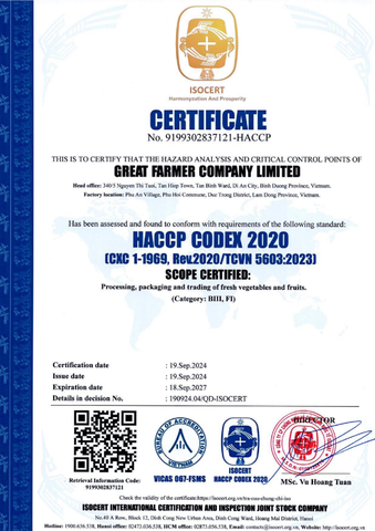 HACCP CODEX 2020 certificate from Great Farmer Company Limited