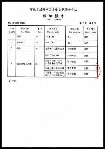 Test Report certificate from ANPING COUNTY DONGJIE WIREMESH PRODUCTS CO., LTD.