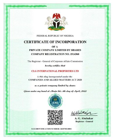 CAC Registration  certificate of CLG LTD – certificate photo, supplier certificates section