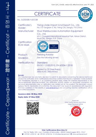 CE-Welding Rotator certificate of Wuxi Weldsuccess Automation Equipment Co., Ltd. – certificate photo, supplier certificates section