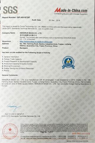 Audited by SGS certificate from Quanzhou Hengshunfa Travel&Bags Co., Ltd.