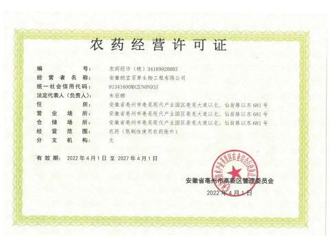 Pesticide Business License certificate from Anhui TCM Agriculture Biotechnology Co., Ltd.