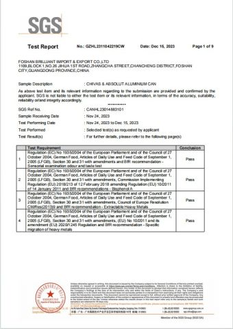 LFGB BPA Free Test Report certificate from FOSHAN BRILLIANT IMPORT & EXPORT CO., LTD