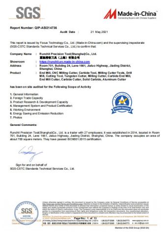 SGS certificate of RUNCHIT PRECISION TOOL (SHANGHAI) CO., LTD. – certificate photo, supplier certificates section