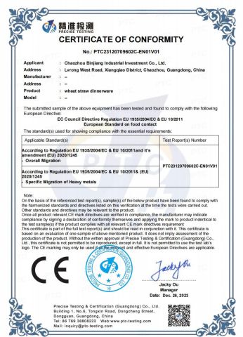 wheat straw dinnerware set CE certificate from Chaozhou Binjiang Industrial Investment Co., Ltd.