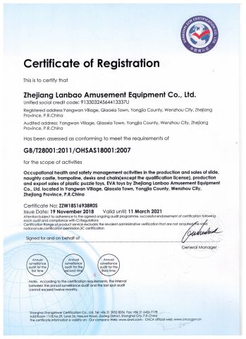 OHSAS18001 certificate from Wenzhou Linxi Amusement Equipment Co., Ltd.