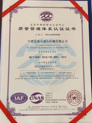 ISO9001 certificate of Ningjin Ding'an Hydraulic Machinery Co., Ltd – certificate photo, supplier certificates section