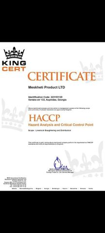 HACCP certificate from Munkh Tugrug LLC Meskheti Product LTD